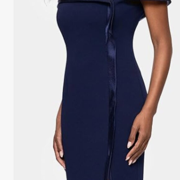 Navy Off-Shoulder Satin Trim Gown Elegant Evening dress Betsy & Adam size 14 NWT - Picture 2 of 5